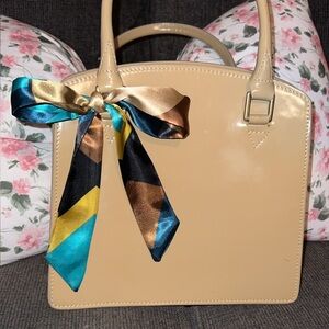 Neutral Beige Satchel Handbag with Decorative Scarf